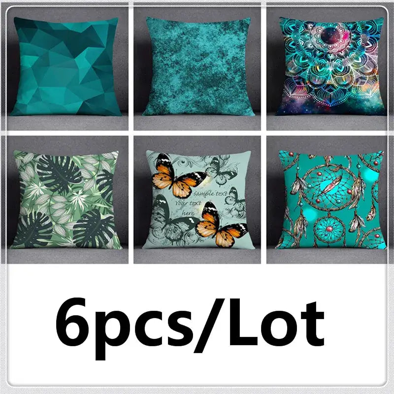 Six teal and green patterned leaves flower pillowcase set featuring cosmic leaves design for bedroom decor
