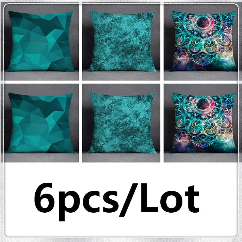 Modern teal cosmic leaves flower pillowcase set with six textured green leaves flower throw pillows for bedroom decor