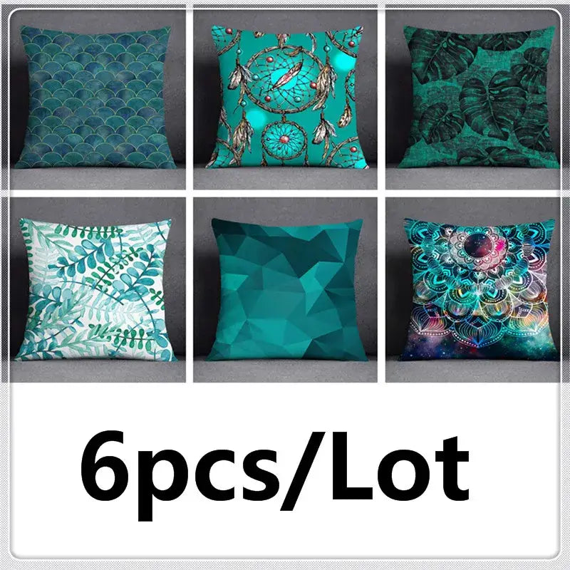 Modern teal flower pillowcase set with green leaves flower and dreamcatcher patterns for bedroom decor