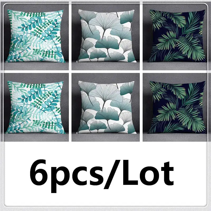 Six square modern teal cosmic leaves flower pillowcase set with green leaves flower prints on dark navy background