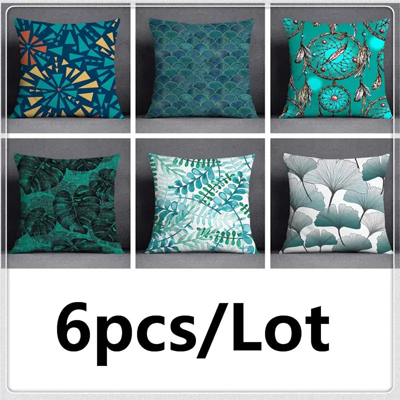 Modern teal cosmic leaves flower pillowcase set featuring six decorative throw pillows with green leaves flower patterns