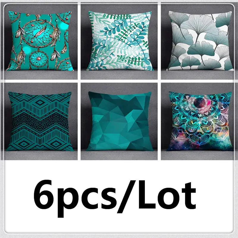 Six teal-colored throw pillow covers with cosmic mandala and green leaves flower designs in a modern flower pillowcase set