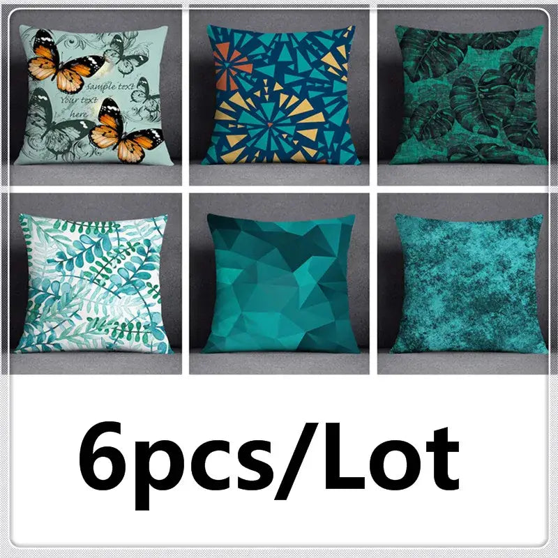 Six teal green leaves flower pillowcases with butterflies geometric and leaf motifs for modern bedroom decor