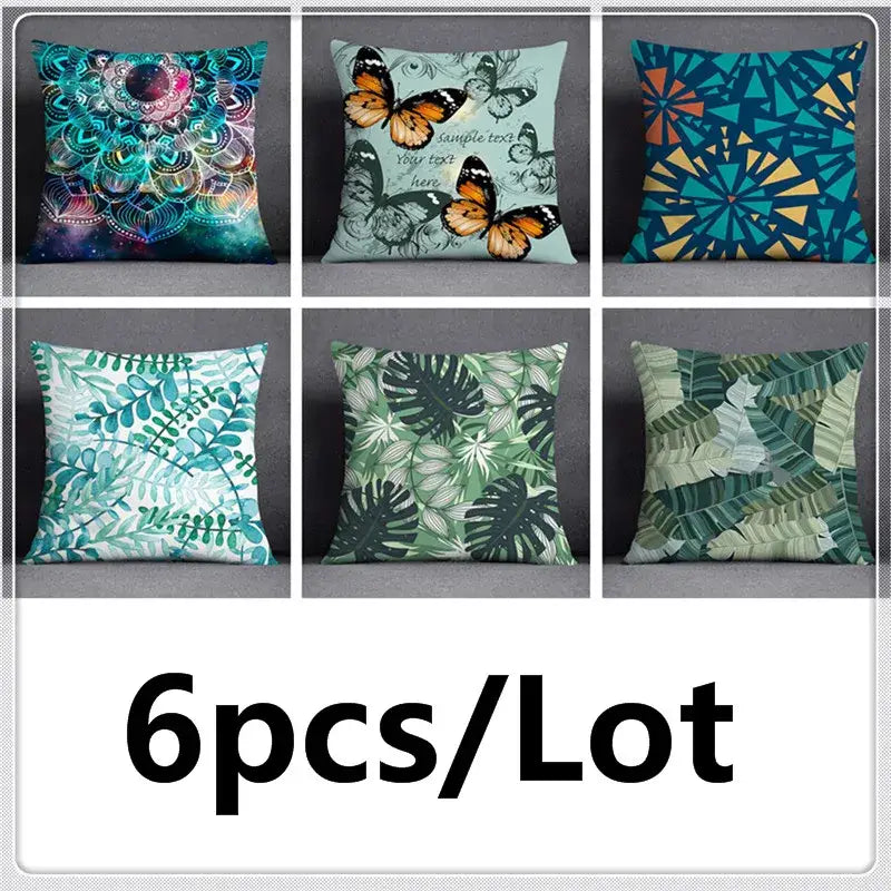 Six decorative modern teal cosmic leaves flower pillowcase set with vibrant green leaves flower and geometric patterns