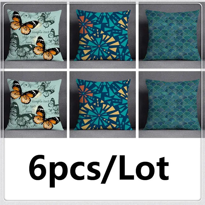 Set of six modern teal cosmic leaves flower pillowcase set with green leaves flower and geometric patterns on fabric surface