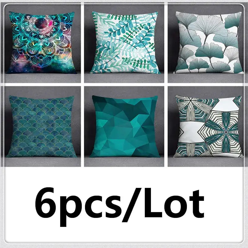 Six teal and white patterned throw pillows in a modern flower pillowcase set with green leaves flower design for bedroom decor
