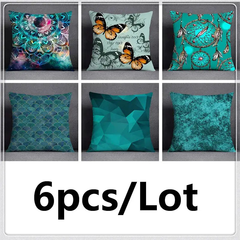 Six teal throw pillows with mandalas butterflies dreamcatchers and geometric patterns in a leaves flower pillowcase set