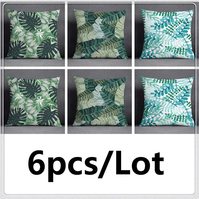 Set of six modern teal cosmic leaves flower pillowcases with green leaves flower pattern on white bedroom decor