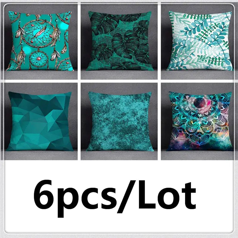 Six teal-colored throw pillows with dreamcatcher and mandala designs in a modern green leaves flower pillowcase set