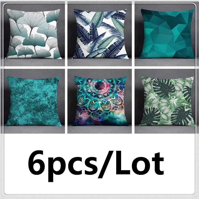 Set of six modern teal flower pillowcase set featuring green leaves flower and geometric patterns for bedroom decor