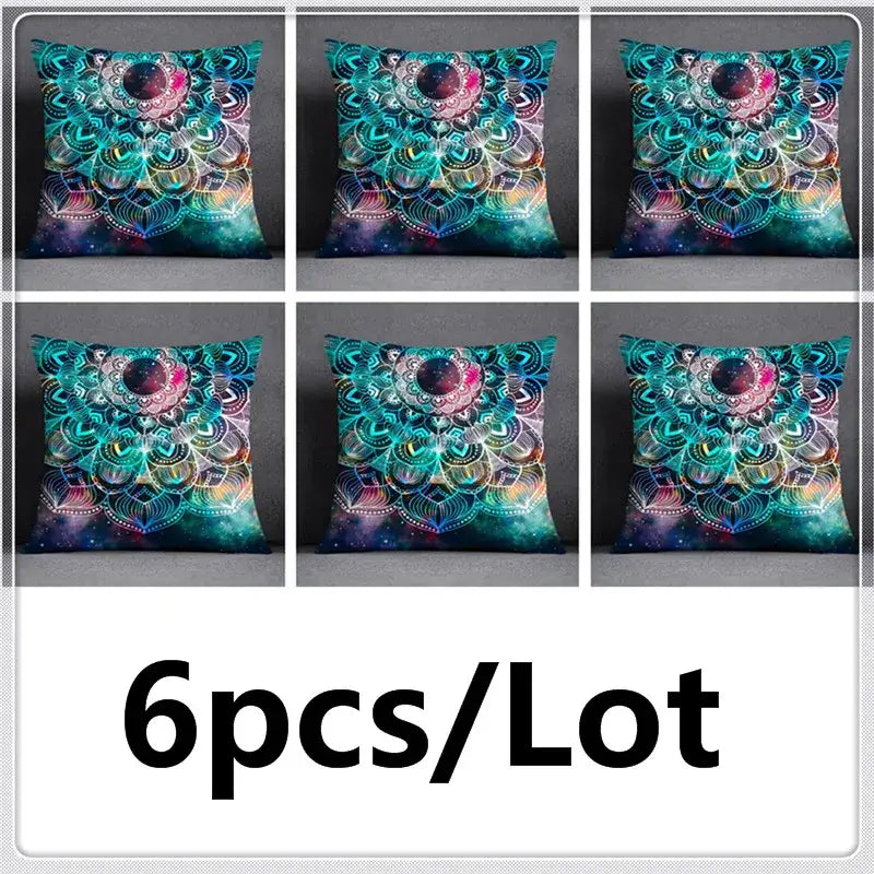 Six square throw pillows featuring a vibrant teal cosmic leaves flower pillowcase set for modern bedroom decor