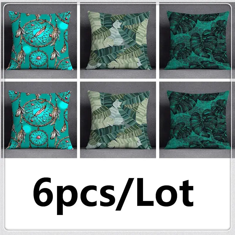 Six decorative teal and green leaves flower pillowcases with tropical and dreamcatcher designs for modern bedroom decor