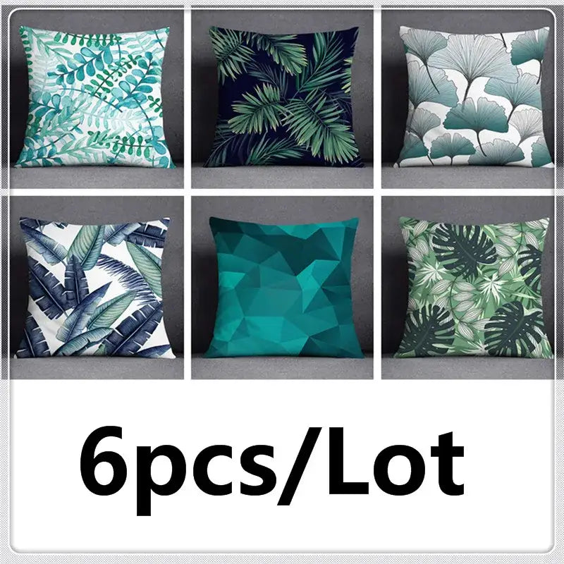 Six assorted modern teal cosmic leaves flower pillowcase set with green leaves flower pattern for bedroom decor