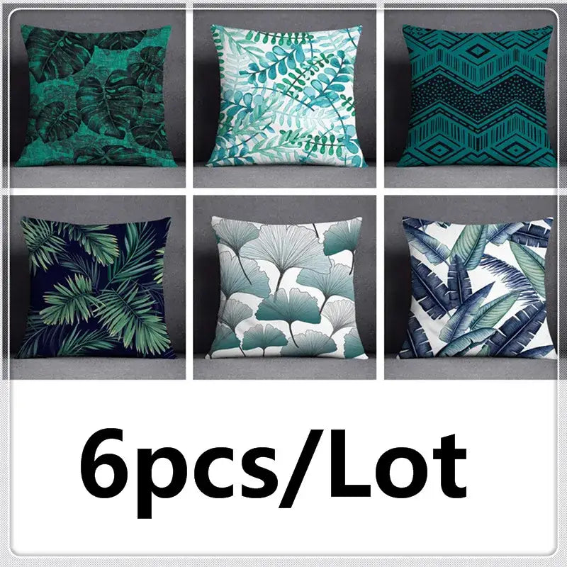 Six decorative throw pillows with modern teal cosmic green leaves flower patterns for bedroom decor pillowcase set