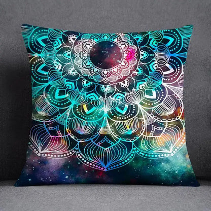 Modern teal cosmic leaves flower square pillowcase set with vibrant mandala and starry galaxy bedroom decor