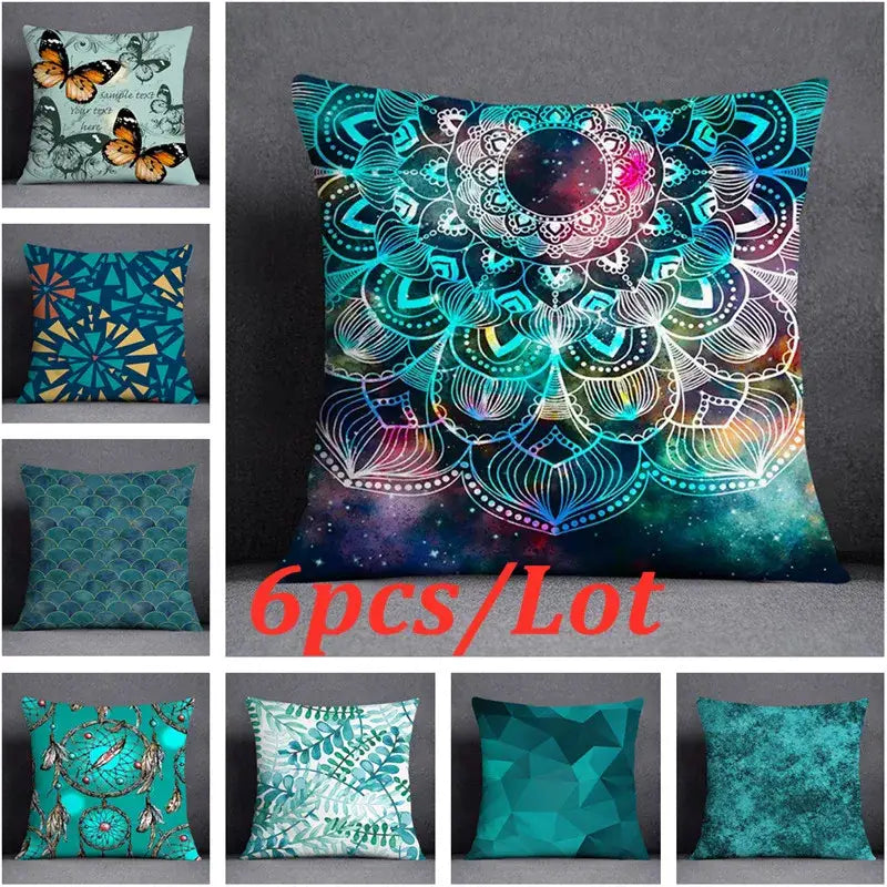 Modern teal cosmic leaves flower pillowcase set with vibrant teal and cosmic-patterned mandala design
