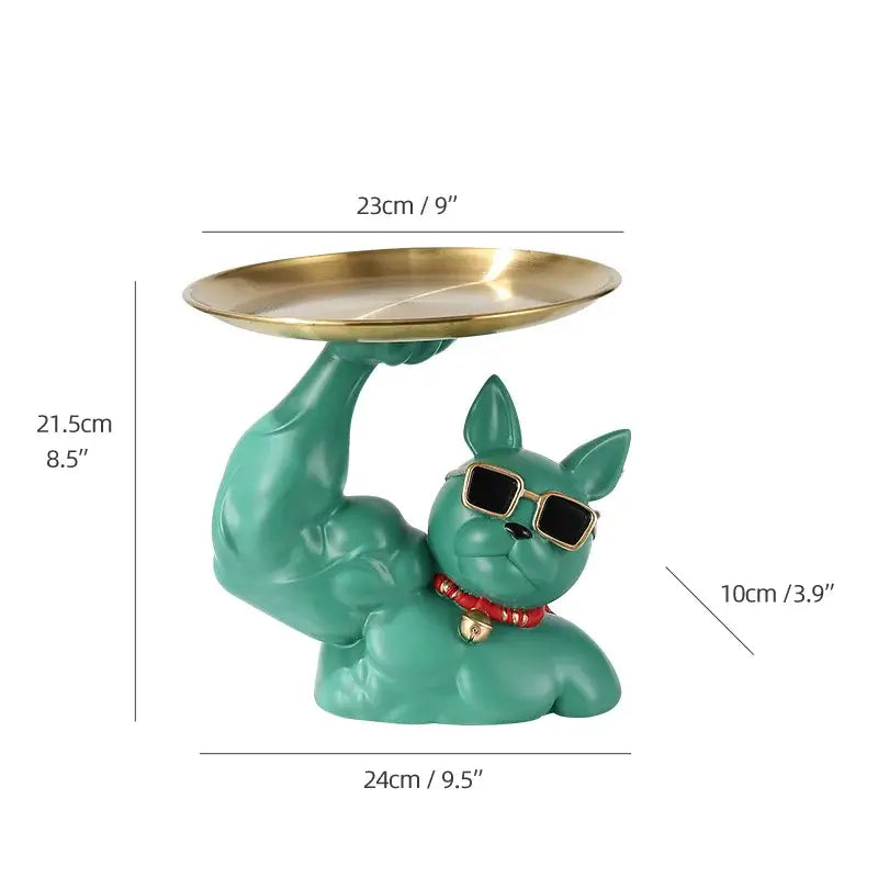 Modern teal decorbites bulldog tray featuring a muscular dog figurine with sunglasses holding a gold-toned tray for living room display