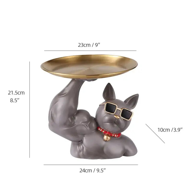 Gray sculpted decorbites bulldog tray figurine with muscular arms wearing teal sunglasses and holding a gold circular tray