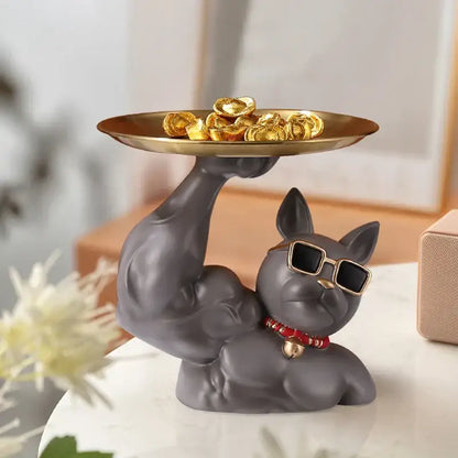 Gray sculpted french bulldog tray with sunglasses and red collar holding gold ingots decorbites bulldog tray sculpture