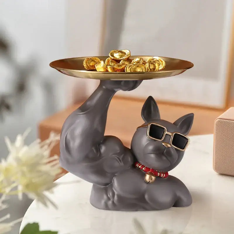 Gray sculpted french bulldog tray with sunglasses and red collar holding gold ingots decorbites bulldog tray sculpture