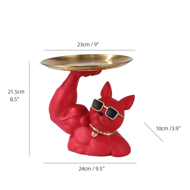 Red muscular dog figurine with sunglasses and gold collar holding golden tray modern teal decorbites bulldog tray sculpture