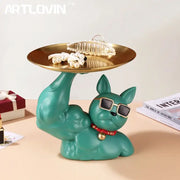 Modern teal decorbites bulldog tray resin figurine with sunglasses and red collar holding a gold tray for living room decor
