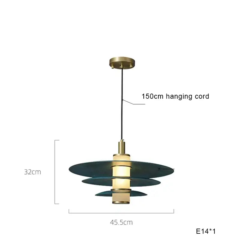 Modern teal glass and brass pendant light with layered discs and warm glow ideal for kitchen island decorbites blue copper