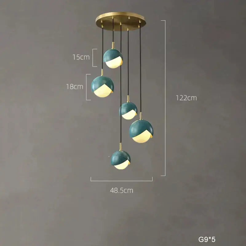 Modern teal glass and brass pendant light with five spherical bulbs for kitchen island decorbites blue copper chandelier
