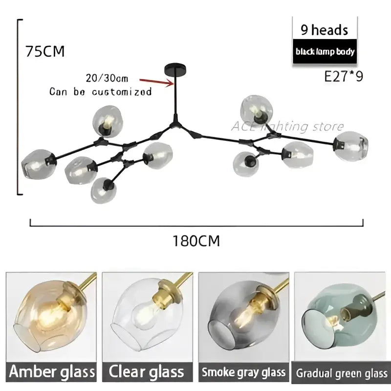 Black metal modern teal glass bubble branch chandelier with nine amber clear smoke gray or gradient green globes