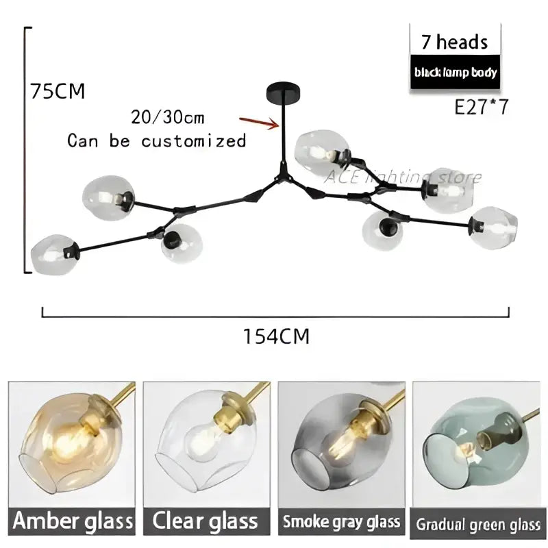 Black metal modern teal glass bubble branch chandelier with seven amber, clear, smoke gray, or gradient green globe shades