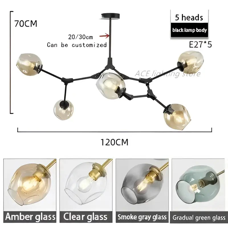 Black metal chandelier with five amber glass lamp heads featuring a glass bubble branch design for dining room decorbites glass bubble