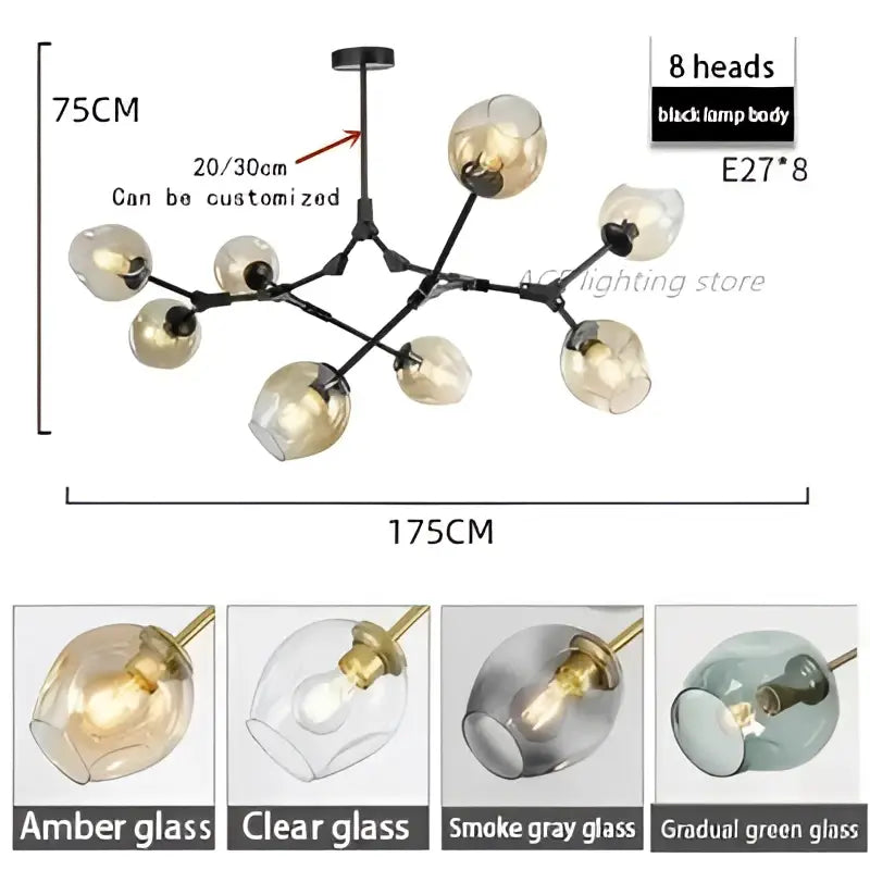 Modern teal glass bubble branch chandelier with eight amber glass globes and black metal frame for dining room decorbites glass bubble