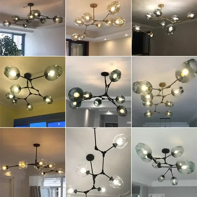 Modern teal glass bubble branch chandelier with a branching metal frame and smoky glass globe shades for dining room decorbites glass bubble