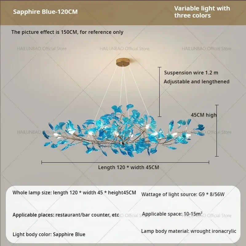 Modern teal glass gingko leaf chandelier with sapphire blue leaf-shaped glass and wrought iron acrylic decorbites gingko