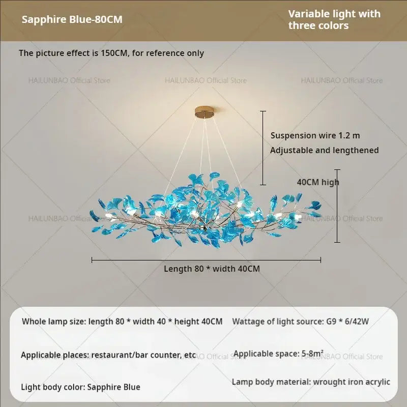 Sapphire blue 80cm decorbites gingko leaf chandelier with intricate acrylic shades on wrought iron frame for dining room decor
