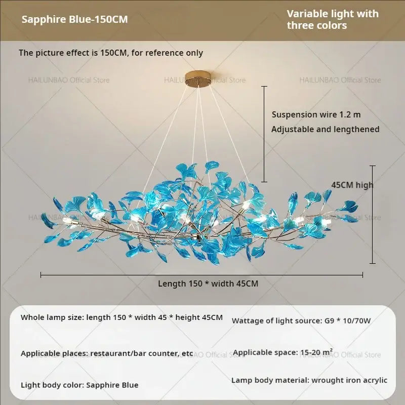Modern teal glass gingko leaf chandelier with sapphire blue leaf-shaped acrylic lights on wrought iron frame by decorbites gingko leaf