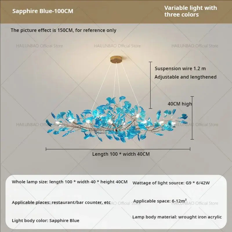Modern teal glass gingko leaf chandelier with sapphire blue acrylic lights and wrought iron frame for dining room decorbites gingko leaf