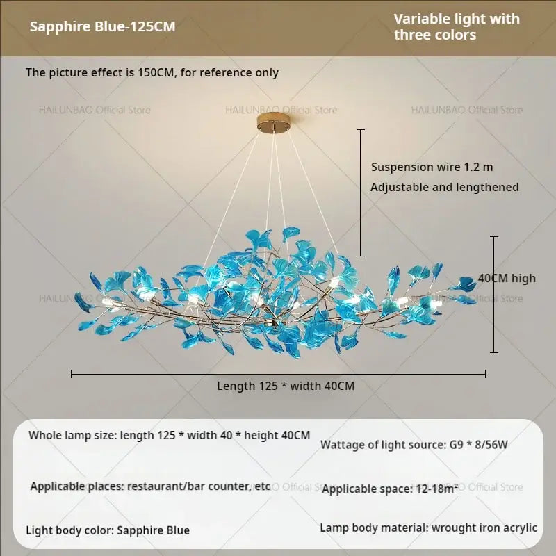 Modern teal glass gingko leaf chandelier with sapphire blue leaf shaped acrylic and wrought iron decorbites gingko leaf decor