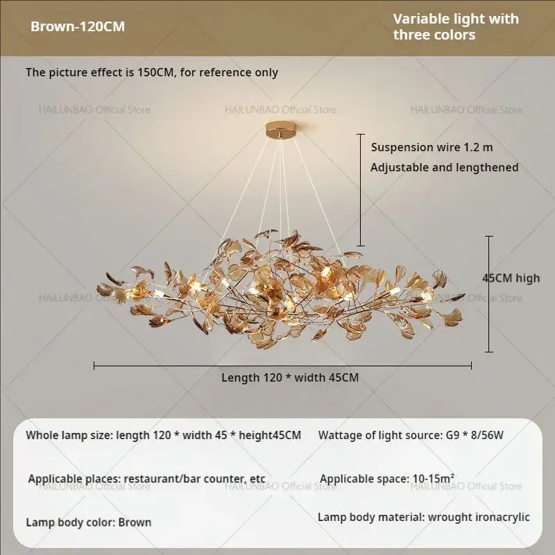 Brown 120cm wrought iron acrylic gingko leaf chandelier with three-color illumination for modern dining decorbites gingko leaf