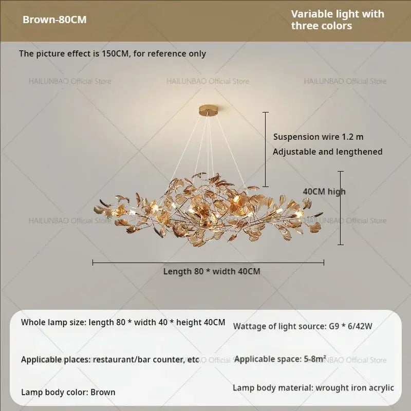 Brown leaf-shaped decorbites gingko leaf chandelier made of wrought iron and acrylic for modern dining room decor
