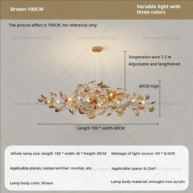 Brown 100cm wrought iron acrylic gingko leaf chandelier with three color variable lights for dining room decorbites gingko leaf