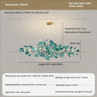 Modern teal glass gingko leaf chandelier with dark green acrylic and wrought iron for dining room decorbites gingko leaf decor