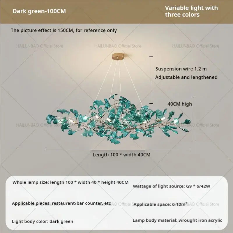 Modern teal glass gingko leaf chandelier with dark green acrylic and wrought iron for dining room decorbites gingko leaf decor