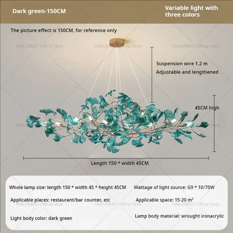 Modern teal glass gingko leaf chandelier with dark green leaf-shaped glass and wrought iron acrylic frame by decorbites gingko