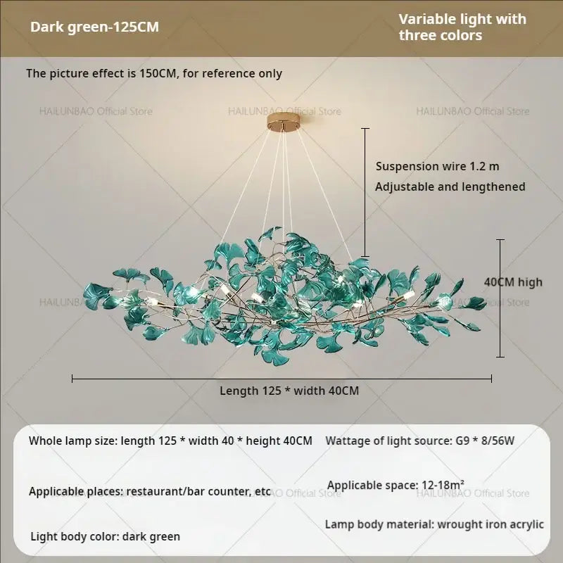 Modern teal glass gingko leaf chandelier with dark green wrought iron and acrylic body featuring variable light decorbites gingko leaf