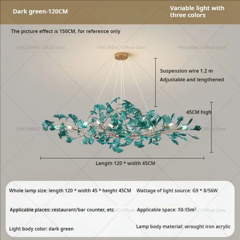 Modern teal glass gingko leaf chandelier with dark green leaves wrought iron and acrylic by decorbites gingko leaf decorbites gingko