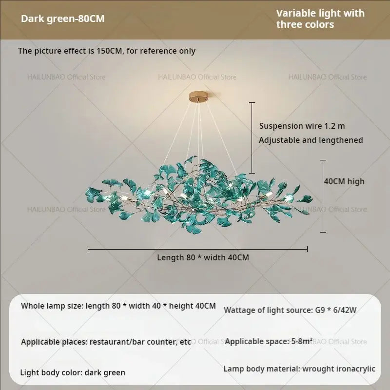 Modern teal glass gingko leaf chandelier with dark green wrought iron acrylic leaves and variable three-color lighting decorbites gingko leaf