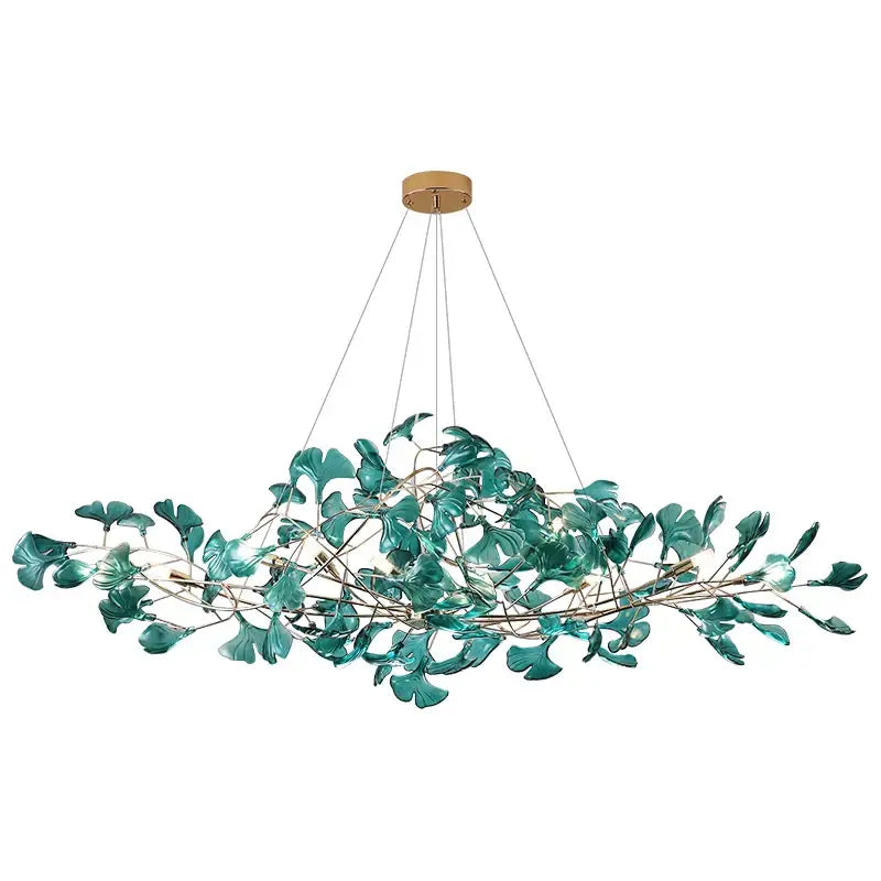 Modern teal glass gingko leaf chandelier with gold-toned ceiling mount for dining room decor featuring decorbites gingko leaf design