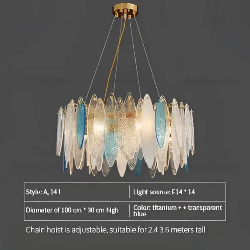 Modern teal and gold glass chandelier light with circular design and translucent blue glass discs for living room