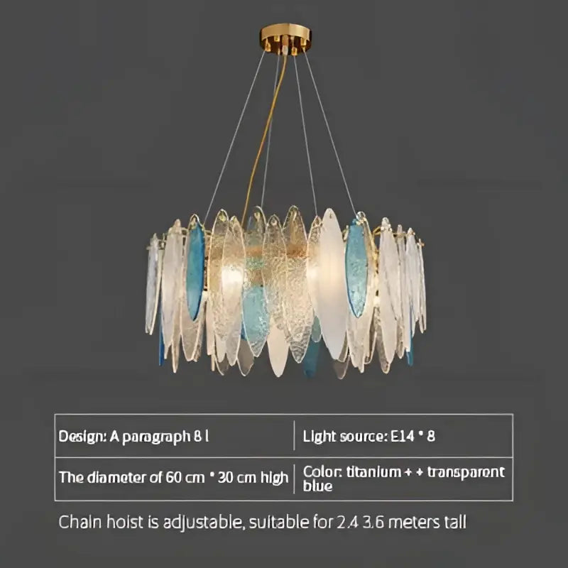 Modern teal and gold glass chandelier light with translucent blue and clear leaf-shaped panels for living room use